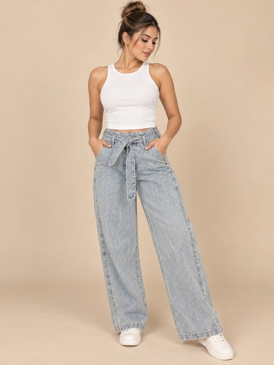 Anntian Denim - ANNTIAN High-Rise Light Wash Wide Leg Jeans with Self-Tie Belt - Light Blue Sz M